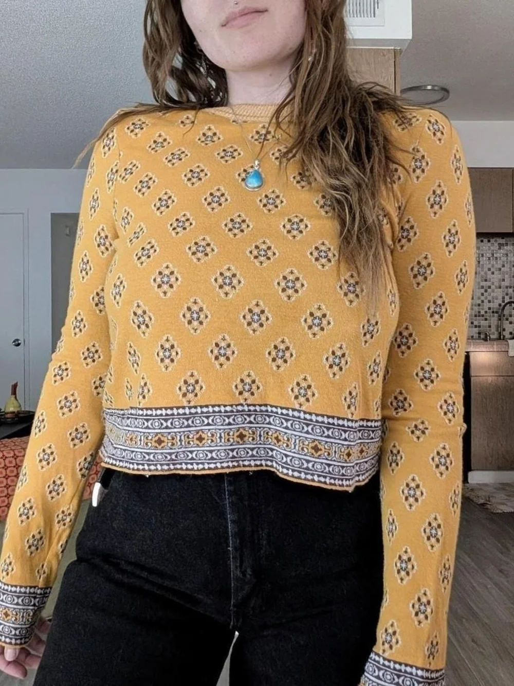 Free People Mustard Yellow Patterned Top